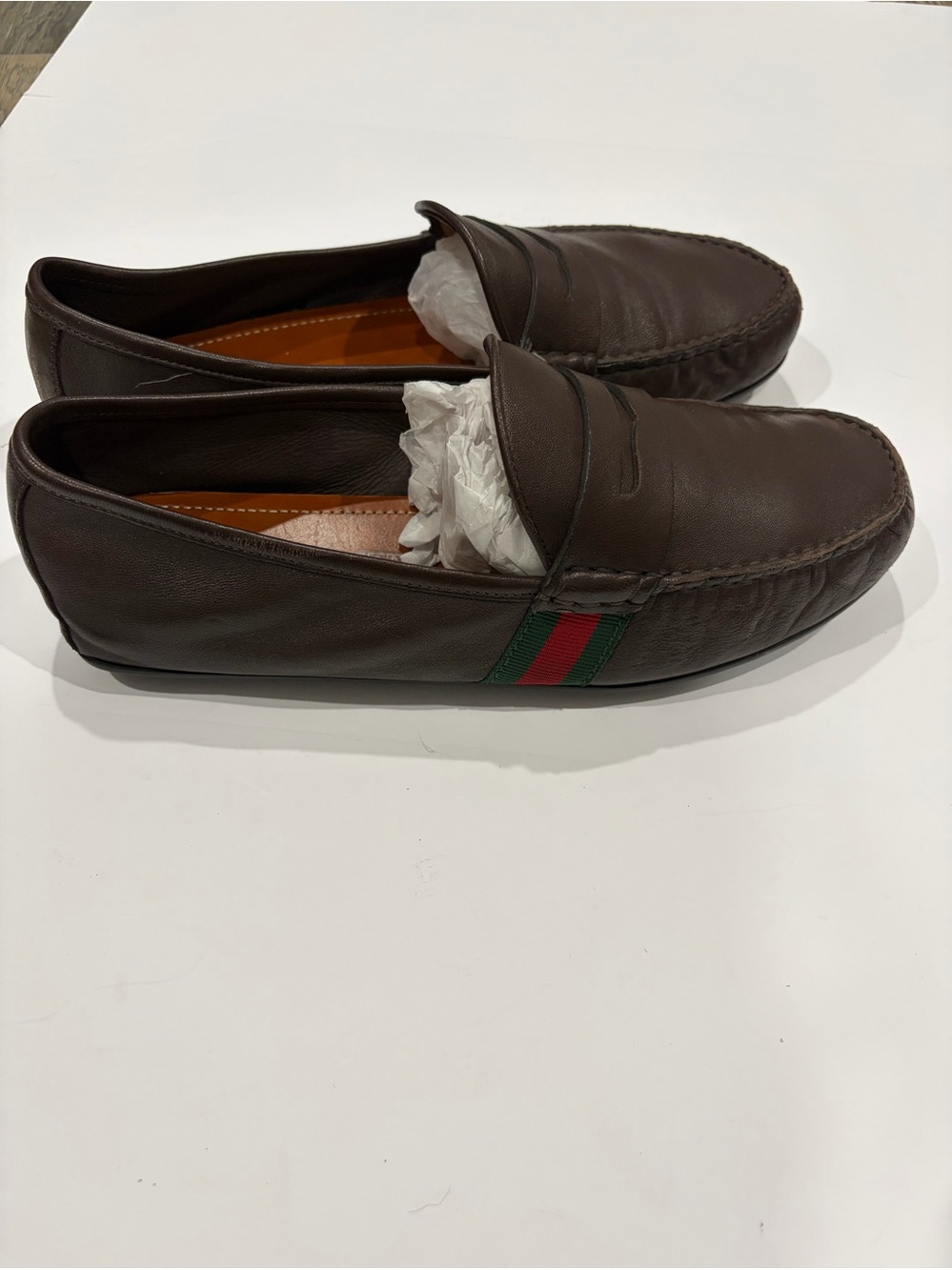 Gucci Brown Leather Slip-On Loafers with Green-Red Web Stripe